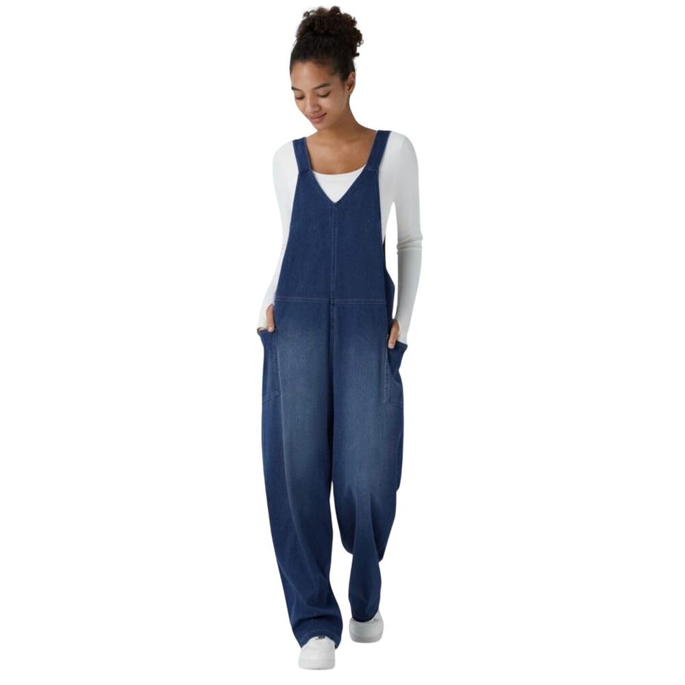 NWT HALARA Women’s Flex Denim Wide Leg Vneck Washed Denim Overalls